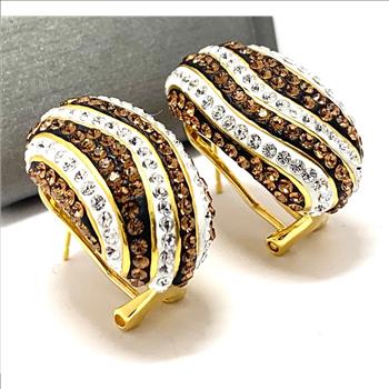 18k Yellow Gold & Jewelry Bronze 3.00ctw Cognac & White Natural Crystal  Hoop Earrings