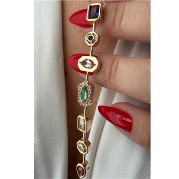 18k Yellow Gold over Titanium Steel Created Multigem Necklce. Adjustable.