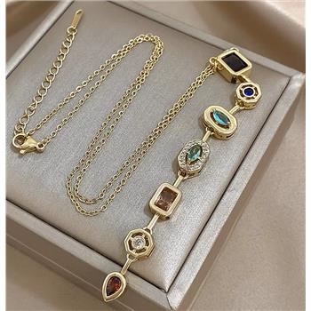 18k Yellow Gold over Titanium Steel Created Multigem Necklce. Adjustable.