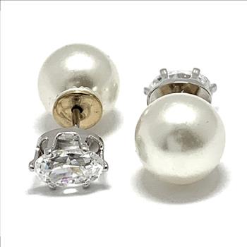 2 IN 1 Reversable Design .925 Sterling Silver 0.75ctw Diamonique Diamond & 8mm White Pearl Stud Earrings