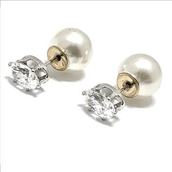 2 IN 1 Reversable Design .925 Sterling Silver 0.75ctw Diamonique Diamond & 8mm White Pearl Stud Earrings