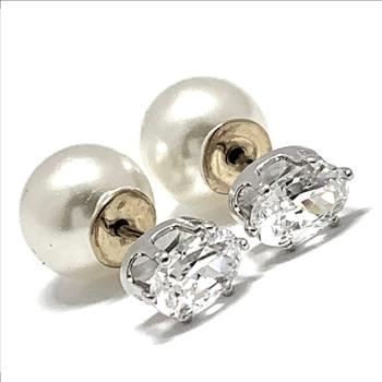 2 IN 1 Reversable Design .925 Sterling Silver 0.75ctw Diamonique Diamond & 8mm White Pearl Stud Earrings