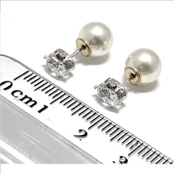 2 IN 1 Reversable Design .925 Sterling Silver 0.75ctw Diamonique Diamond & 8mm White Pearl Stud Earrings