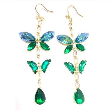 22.00ctw Emerald & Blue Topaz 18k Yellow Gold Overlay Long Dangle Earrings