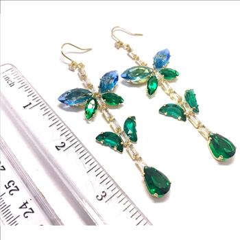 22.00ctw Emerald & Blue Topaz 18k Yellow Gold Overlay Long Dangle Earrings