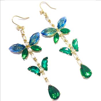 22.00ctw Emerald & Blue Topaz 18k Yellow Gold Overlay Long Dangle Earrings