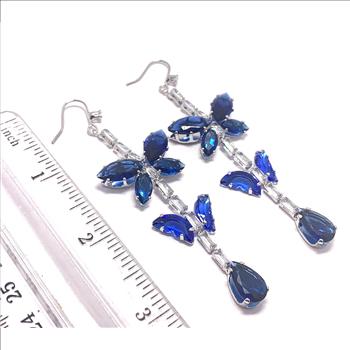 22.00ctw Sapphire & CZ 18k White Gold Overlay Long Dangle Earrings