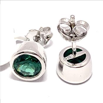 $249 Emerald .925 Sterling Silver Stud Earrings Bezel Set Solitaire