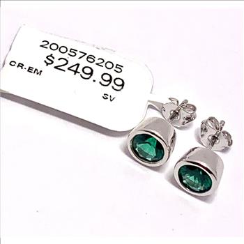 $249 Emerald .925 Sterling Silver Stud Earrings Bezel Set Solitaire