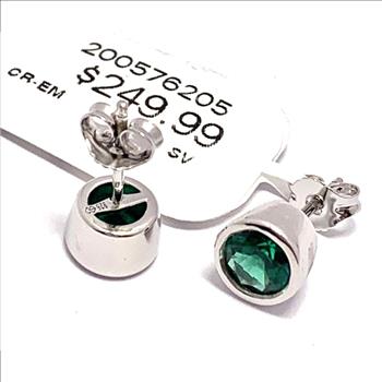 $249 Emerald .925 Sterling Silver Stud Earrings Bezel Set Solitaire