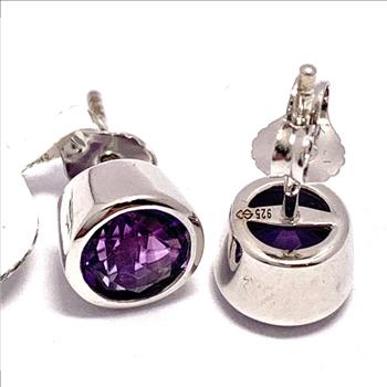 $249 Natural Amethyst .925 Sterling Silver.Stud Earrings