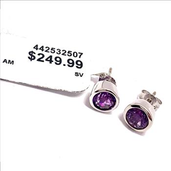 $249 Natural Amethyst .925 Sterling Silver.Stud Earrings
