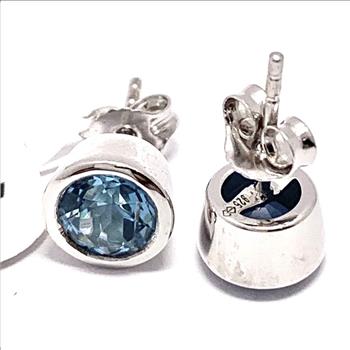 $249 Natural Blue Topaz .925 Sterling Silver Stud Earrings Bezel Set Solitaire