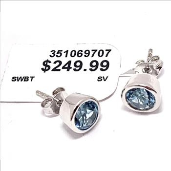 $249 Natural Blue Topaz .925 Sterling Silver Stud Earrings Bezel Set Solitaire