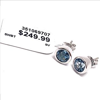 $249 Natural Blue Topaz .925 Sterling Silver Stud Earrings Bezel Set Solitaire