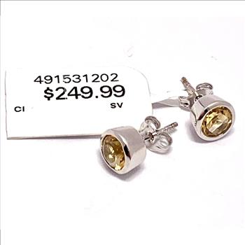 $249 Natural Citrine .925 Sterling Silver Stud Earrings Bezel Set Solitaire
