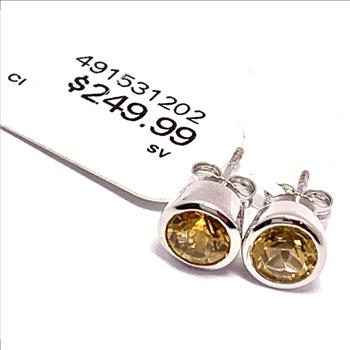$249 Natural Citrine .925 Sterling Silver Stud Earrings Bezel Set Solitaire