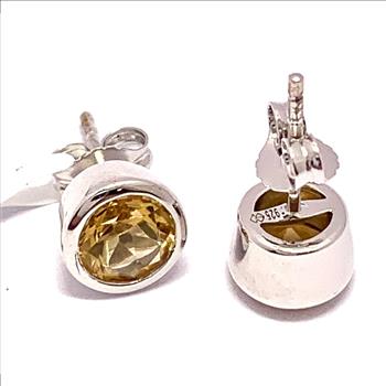 $249 Natural Citrine .925 Sterling Silver Stud Earrings Bezel Set Solitaire