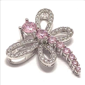 2.50ctw Pink Topaz & Diamonique Diamond Dragon Fly Pendent 18k White Gold Ovr