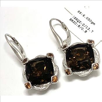 $263 Colore SG Lorenzo .925 Sterling Silver Smoky Quartz & White Zircon Leaverback Earrings