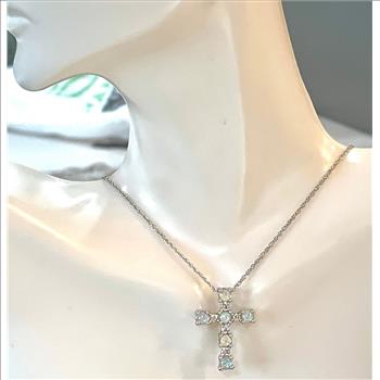 2.75ctw Opal & Diamonique Diamond Cross Necklace in 18K Gold Overlay – Designer Inspired