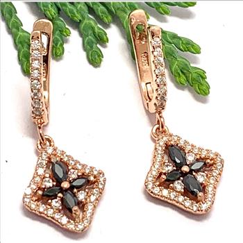 $279 SAM & Co .925 Sterling Silver &18k YG 1.00ctw Black Spinel & Diamonique Diamond Earrings