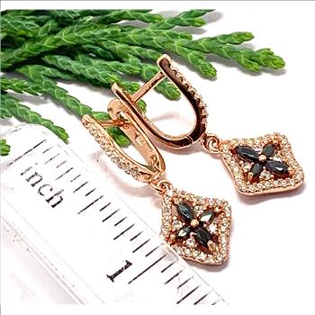 $279 SAM & Co .925 Sterling Silver &18k YG 1.00ctw Black Spinel & Diamonique Diamond Earrings