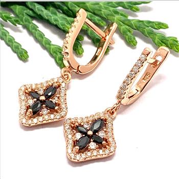 $279 SAM & Co .925 Sterling Silver &18k YG 1.00ctw Black Spinel & Diamonique Diamond Earrings