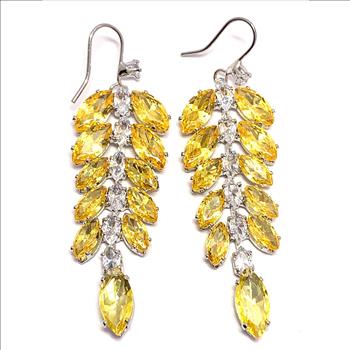 28.00ctw Citrine & CZ 18k White Gold Overlay Long Dangle Earrings