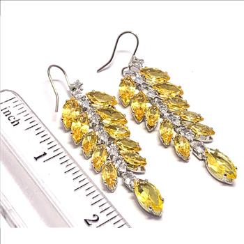 28.00ctw Citrine & CZ 18k White Gold Overlay Long Dangle Earrings