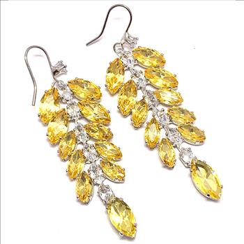 28.00ctw Citrine & CZ 18k White Gold Overlay Long Dangle Earrings