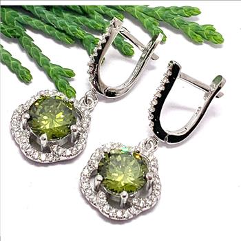 $299 SAM & Co .925 Sterling Silver &18k WG 7.50ctw Peridot & Diamonique Diamond Earrings