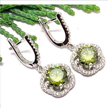 $299 SAM & Co .925 Sterling Silver &18k WG 7.50ctw Peridot & Diamonique Diamond Earrings