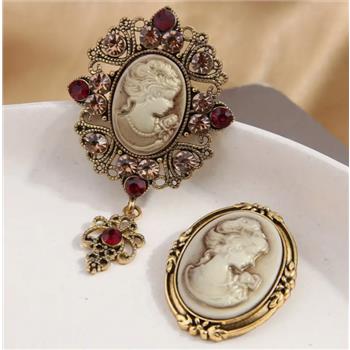 2pc CAMEO Brooch Set Vintage Insp. 18K Gold Over