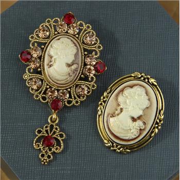 2pc CAMEO Brooch Set Vintage Insp. 18K Gold Over