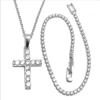 2pc Jewelry Lot-Tennis Bracelet & Cross Necklace