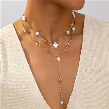 2pc White Pearl Layered Clover Necklace Set 18k Yellow Gold Ovr.