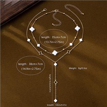 2pc White Pearl Layered Clover Necklace Set 18k Yellow Gold Ovr.