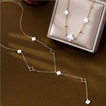 2pc White Pearl Layered Clover Necklace Set 18k Yellow Gold Ovr.