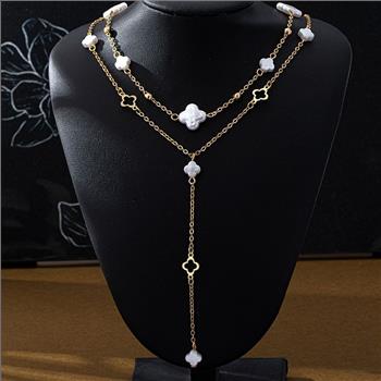2pc White Pearl Layered Clover Necklace Set 18k Yellow Gold Ovr.