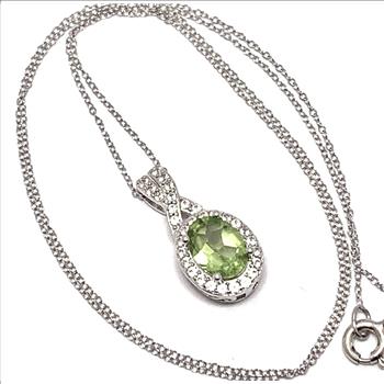 $325 Natural Peridot Necklace, 925 Sterling Silver & Diamonique Diamond