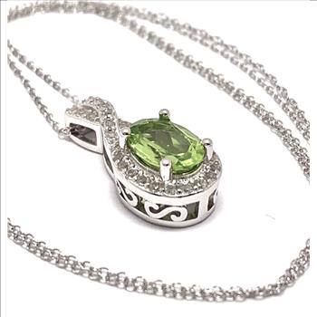 $325 Natural Peridot Necklace, 925 Sterling Silver & Diamonique Diamond