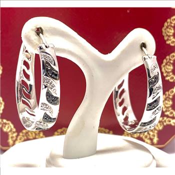 $375 COLORE SG Lorenzo 18K WG & .925 Sterling Silver 0.32ctw Genuine White & Black Zircone Hoop Earrings