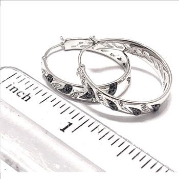 $375 COLORE SG Lorenzo 18K WG & .925 Sterling Silver 0.32ctw Genuine White & Black Zircone Hoop Earrings