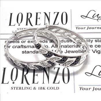 $375 COLORE SG Lorenzo 18K WG & .925 Sterling Silver 0.32ctw Genuine White & Black Zircone Hoop Earrings