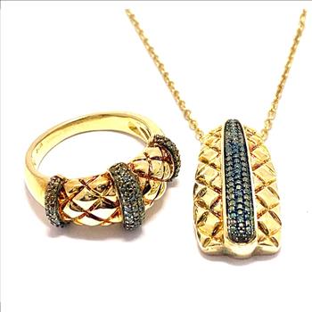$399 .925 Sterling Silver & 18k YG 0.10ctw Genuine Blue Diamonds Ring & Necklace Set