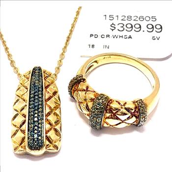 $399 .925 Sterling Silver & 18k YG 0.10ctw Genuine Blue Diamonds Ring & Necklace Set