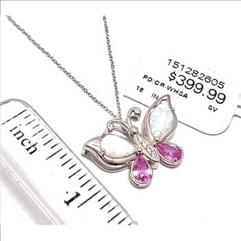 $399 Natural Opal & Pink Topaz Butterfly Necklace .925 Sterling Silver