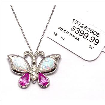 $399 Natural Opal & Pink Topaz Butterfly Necklace .925 Sterling Silver