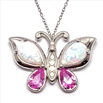 $399 Natural Opal & Pink Topaz Butterfly Necklace .925 Sterling Silver